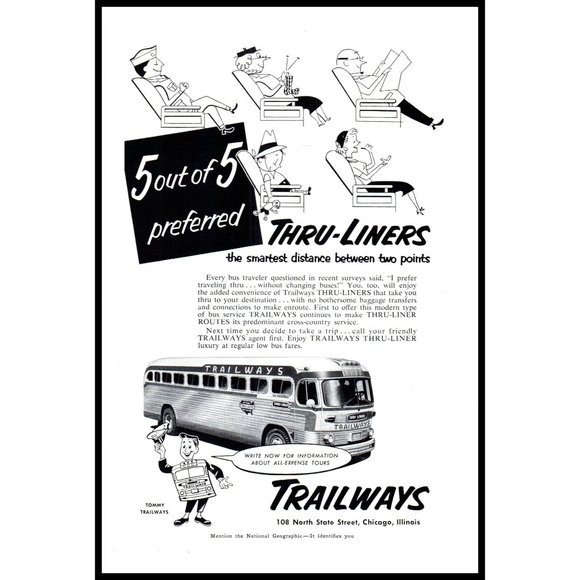 1953 Trailways Coach Bus Lines Vintage Print Ad Reclining Seats Tours Wall Art - Picture 1 of 1